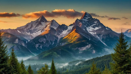 Mountain landscape at sunset.