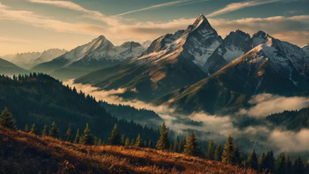 Mountain landscape in the morning light. Panoramic view.の写真素材