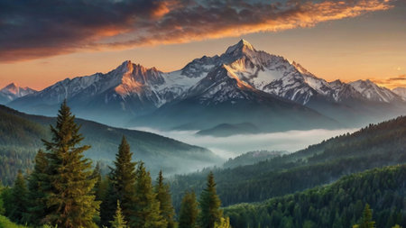Panoramic view of snow-capped mountains at sunset.