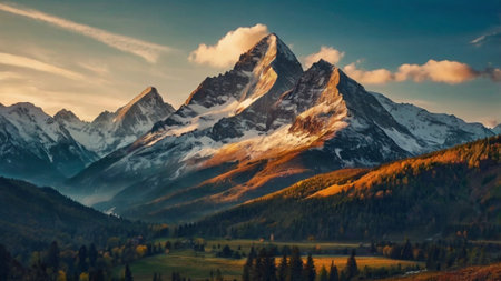 Beautiful alpine landscape with snow-capped mountains in autumn.