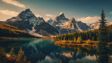 Mountain lake in the Canadian Rockies. Autumn season. Concept of active and photo tourism