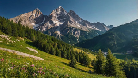 Panoramic view of the Alps in summerの写真素材