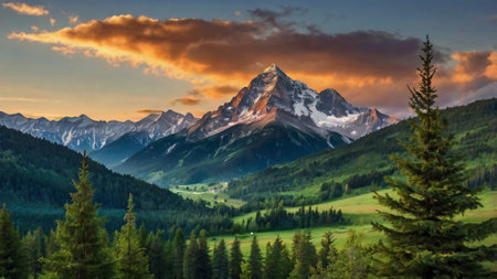 Mountain landscape at sunset. Panoramic view of the peaks of the mountains.の写真素材