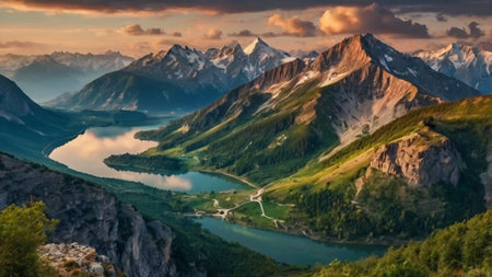 Panoramic view of a lake and mountains at sunset in the Alpsの写真素材