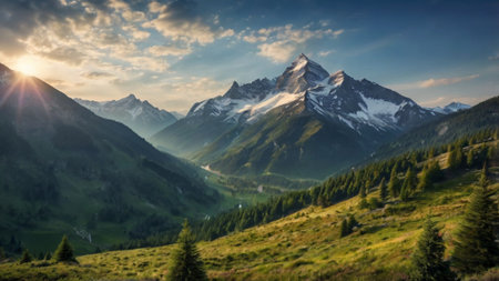 Panoramic view of the snow-capped peaks of the Swiss Alpsの写真素材