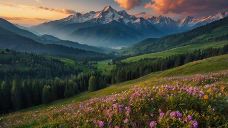 Beautiful summer landscape in the mountains. Sunrise in the mountains.