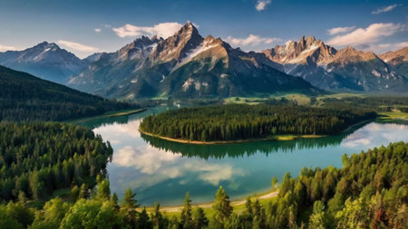 Panoramic view of the lake in the Alps