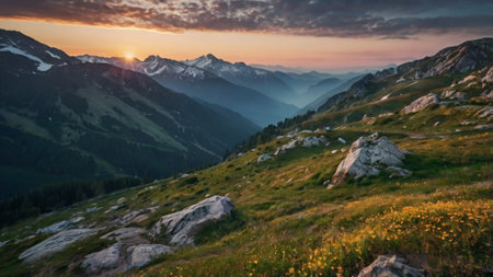 Panoramic view of alpine meadow with flowers at sunset