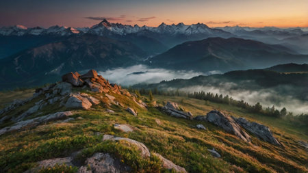 Mountain landscape at sunrise. Panoramic view of the mountains.