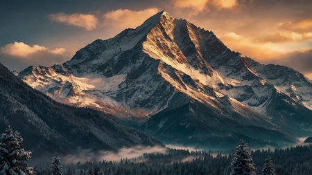 Mountain landscape with snowy peaks at sunset. Panoramic view.