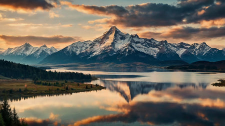 Mountain lake with reflection of snow-capped peaks at sunset