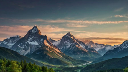 Panoramic view of the mountains at sunset.の写真素材