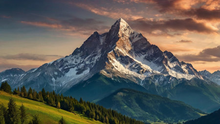 Matterhorn peak at sunset, Switzerland. Panoramic view