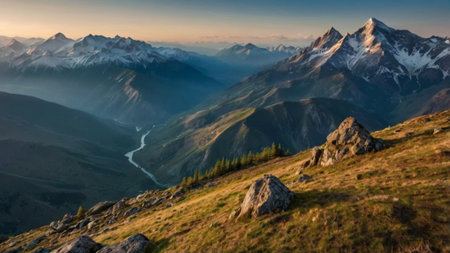 Panoramic view of the Caucasus mountains at sunset, Krasnaya Polyana