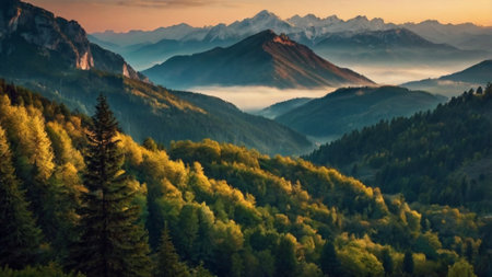 panoramic view of the mountains in the morning fog, beautiful landscapeの写真素材