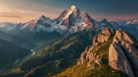 Matterhorn and Zermatt at sunrise in summerの写真素材