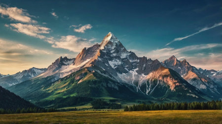 Mountain range with a prominent peak, lush greenery, and a clear blue sky.の写真素材