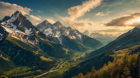 Panoramic view of the Swiss Alps at sunset. Switzerland.の写真素材