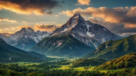 Mountain landscape at sunset. Panoramic view of the Alps.の写真素材