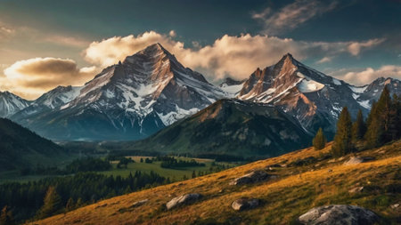 Beautiful alpine landscape with snow-capped mountains in the backgroundの写真素材