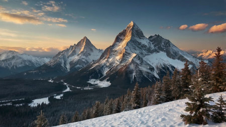 Panoramic view of mountain peak with snowの写真素材