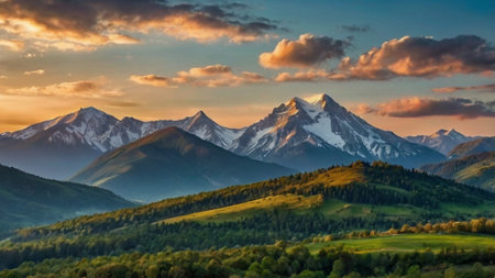 Mountain landscape at sunset. Peaks of the Caucasus.の写真素材