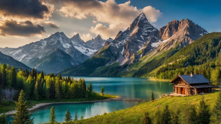 Panoramic view of the mountain lakeの写真素材