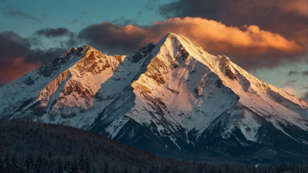 Snowy mountains at sunsetの写真素材