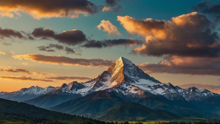 Mountain range at sunset. Landscape with snow-capped peaks.の写真素材
