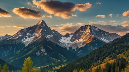 Beautiful alpine landscape with snow-capped peaks at sunsetの写真素材