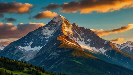 Beautiful alpine landscape with snow-capped mountains at sunsetの写真素材
