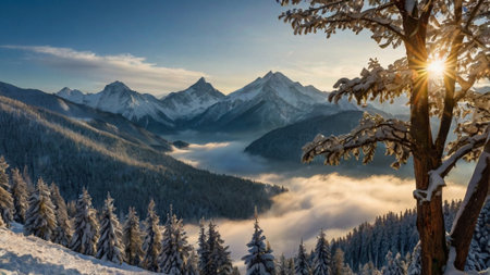 Winter landscape in the mountains. Panoramic view of the snowy mountains.