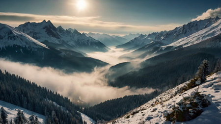 Beautiful winter landscape in the mountains. Panoramic view of snow-capped mountains.の写真素材