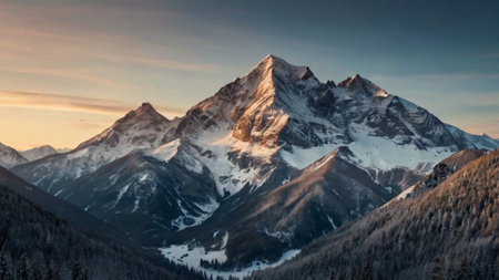 Mountain landscape with snow covered peaks at sunsetの写真素材