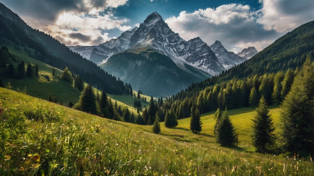 panoramic view of the mountains in the Swiss Alps at sunset