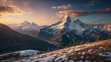 Sunset in the mountains. Panoramic view of Matterhornの写真素材
