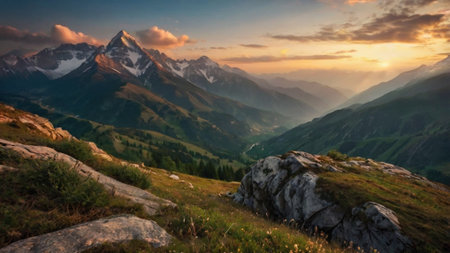 Mountain landscape at sunset. Panoramic view of the Caucasus mountains.の写真素材
