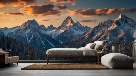 Comfortable sofa in modern interior with mountains view. 3d render