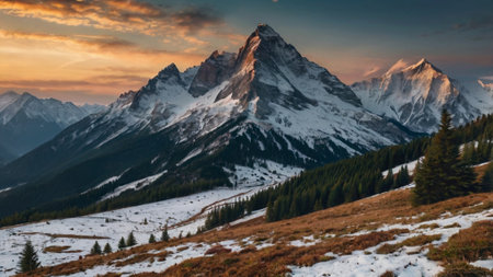 Panoramic view of mountains at sunsetの写真素材