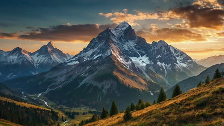 Panoramic view of the Alps at sunset