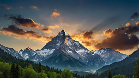 Mountain landscape at sunset. Panoramic view.の写真素材