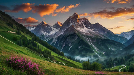 Sunset with pink rhododendron flowers