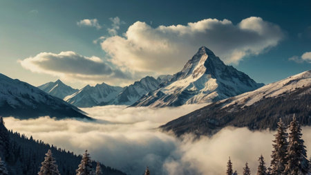 Beautiful panoramic view of snowy peaks in the clouds.の写真素材