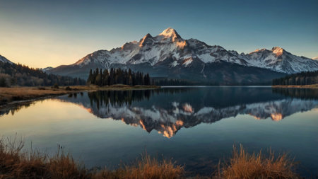 Mountain lake with reflection of the snow-capped peaks at sunriseの写真素材