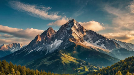 Panoramic view of the Swiss Alps at sunset, Switzerland.の写真素材