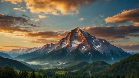 Panoramic view of the snow-capped peaks of the mountains at sunsetの写真素材