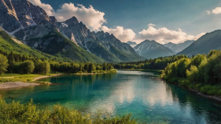 Panoramic view of the mountain lake. Beautiful summer landscape.