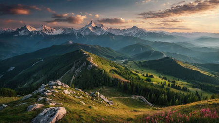 Mountain landscape at sunset. Panoramic view of the Caucasus Mountains.の写真素材
