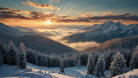 Majestic sunset in the winter mountains landscape. Dramatic wintry scene. Carpathian, Ukraine, Europe. Beauty world.の写真素材