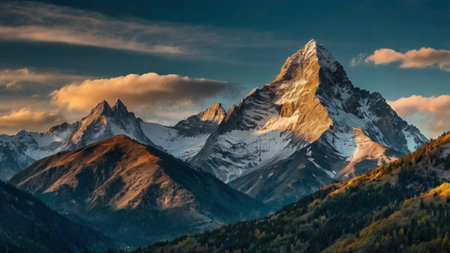 Panoramic view of Matterhorn peak at sunset, Zermatt, Switzerlandの写真素材